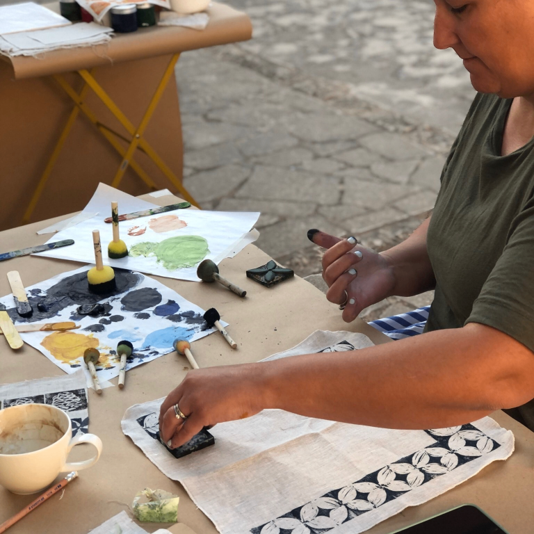 Event Photo: Block Printing on Linen with Artist Kristin Loganbill