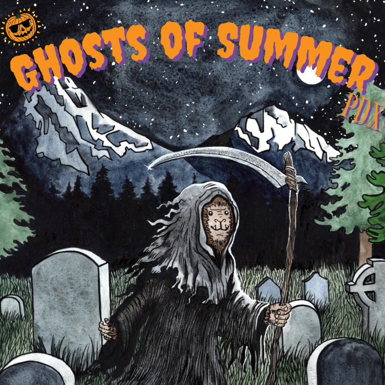 Official watercolor art poster for Ghosts of Summer 2026, featuring the Sasquatch mascot dressed in this year's costume, the Grim Reaper