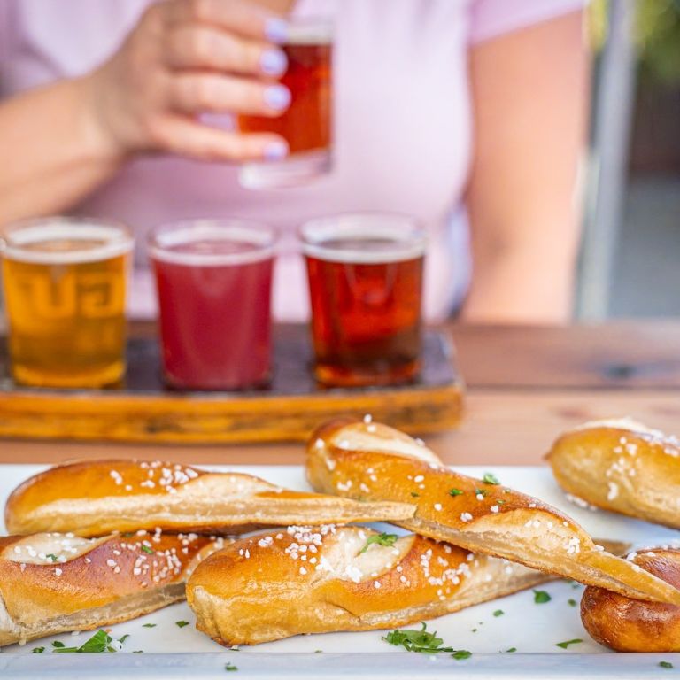 Beer and pretzels on Portland Food Cart Tour 