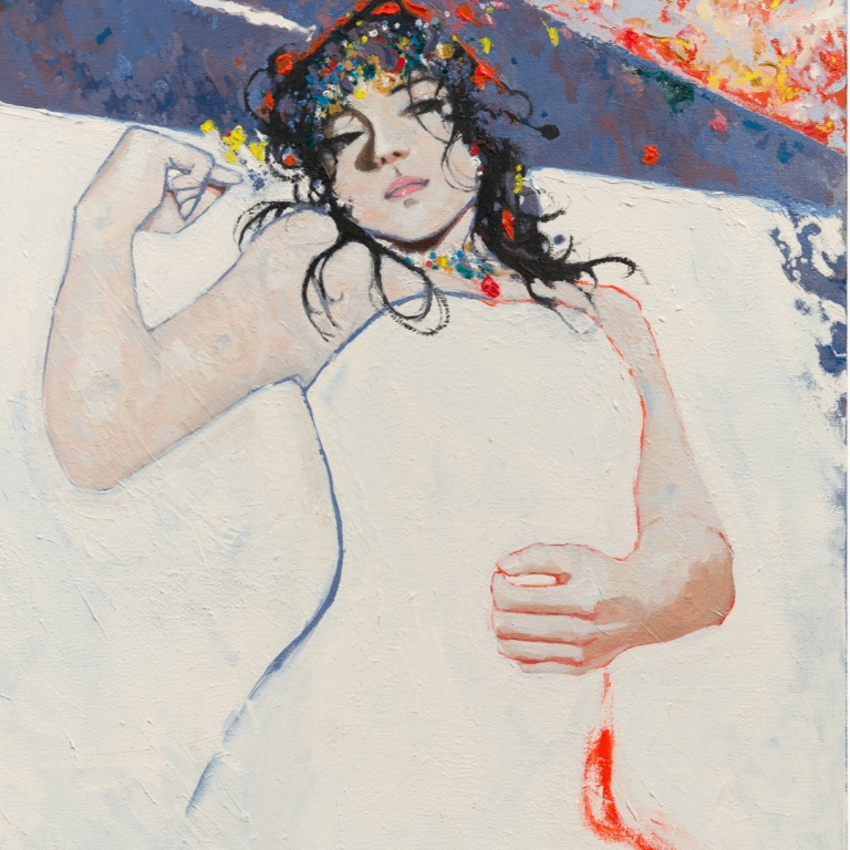 Painting of a figure in a white gown 