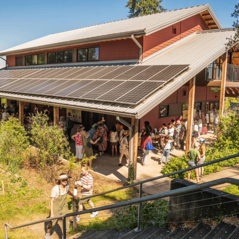 a crowd mingles on teh patio of a farm building
