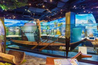 a museum exhibit featuring a wooden canoe