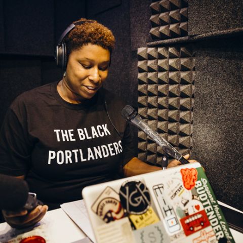 Tiara Darnell works on her podcast, \"High, Good People.\"