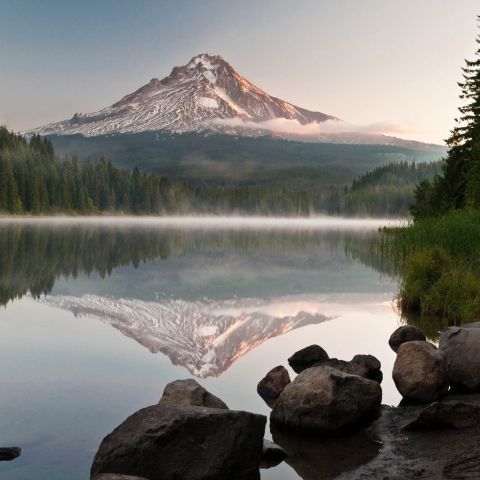 Genießen Sie einen atemberaubenden Sonnenaufgang über Mount Hood beim Camping am Trillium Lake.