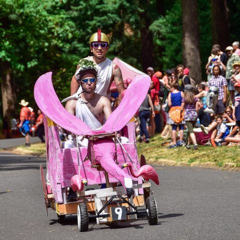 Whimsical handmade carts speed down Mt. Tabor at the PDX Adult Soap Box Derby.