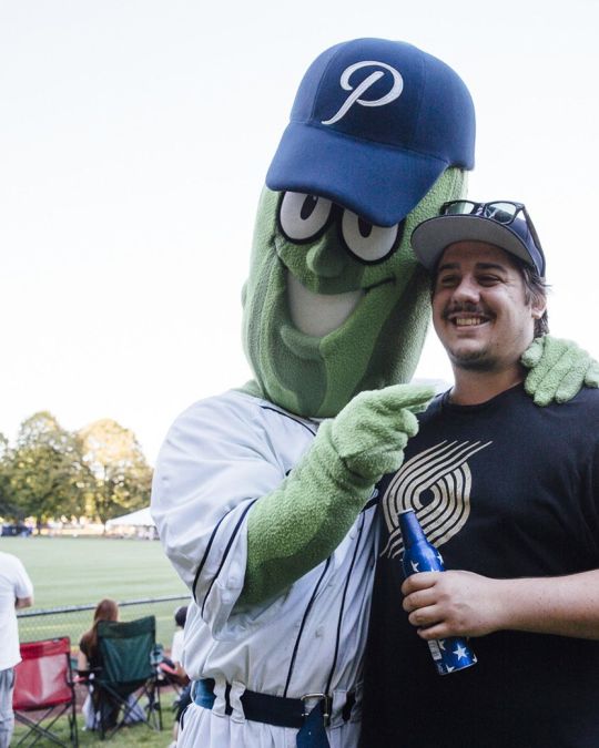 Meet mascot Dillon the Pickle at a Portland Pickles baseball game.