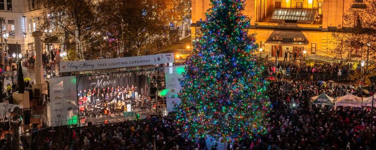 The Holiday Tree at Pioneer Courthouse Square is a festival annual tradition.