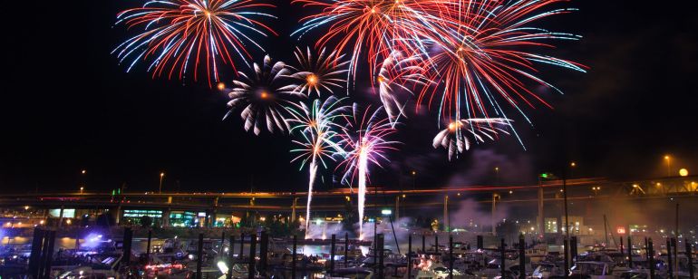 Downtown Portland\'s annual fireworks show takes place in the Willamette River, just south of the Hawthorne Bridge.