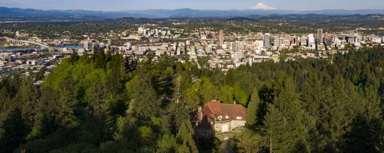 Aerial view of Portland looking east from above the West Hills.