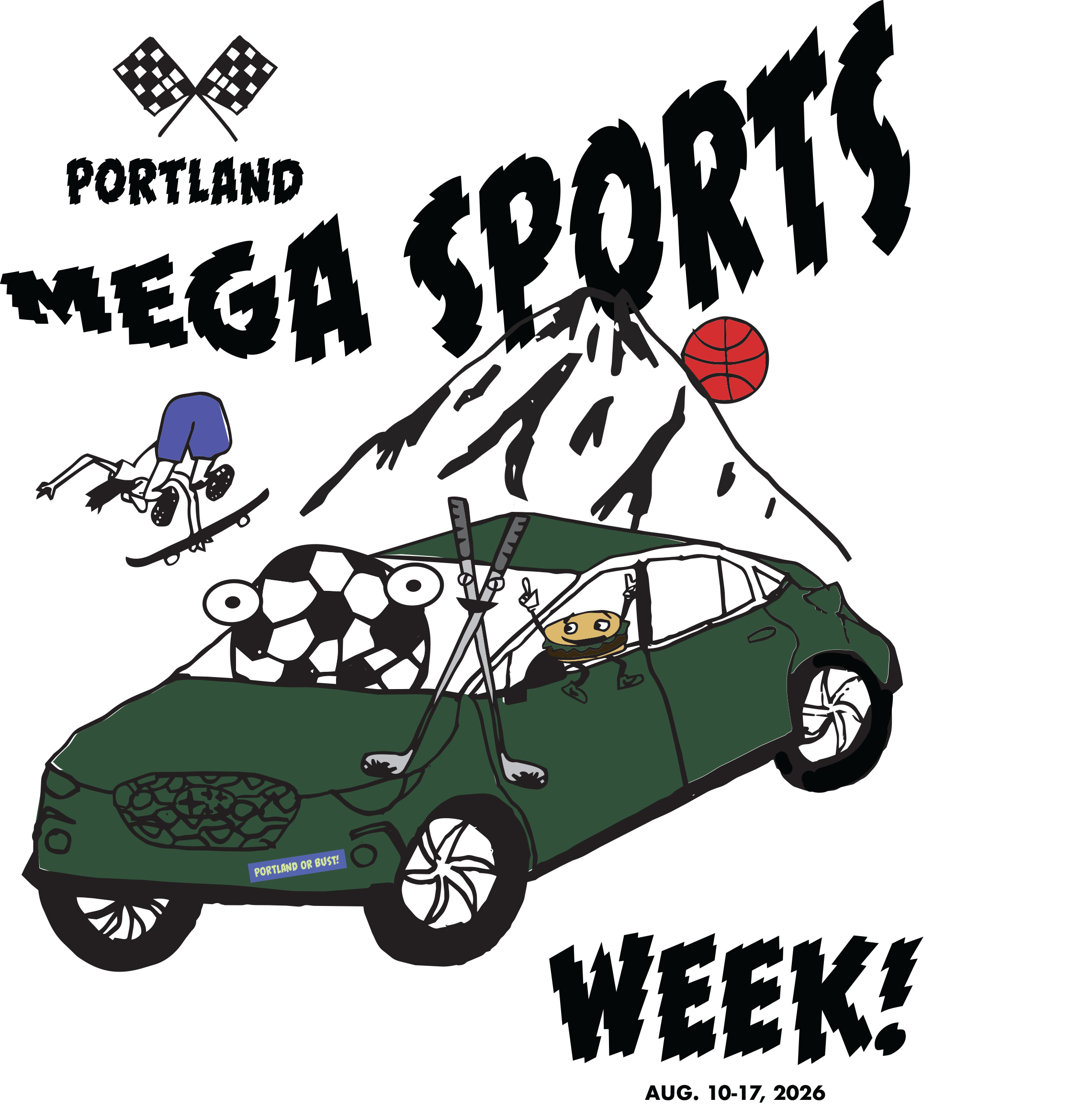 A graphic illustration showing a car, soccer ball, skateboarder, basketball, mountain, golf clubs and a humanized hamburger along with the words Portland Mega Sports Week! Aug. 10–17, 2026.