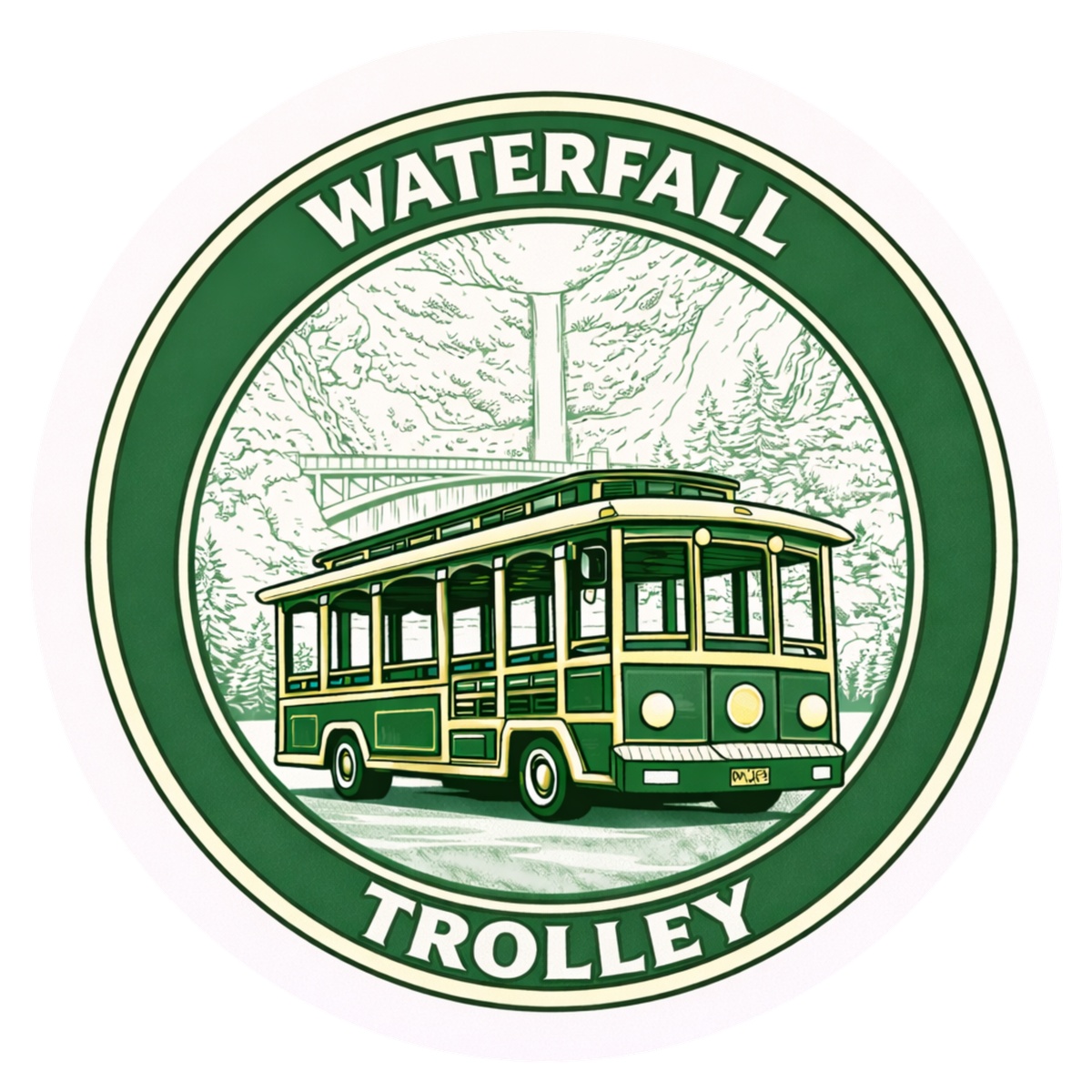 Green, white, and beige logo emblem with trolley and mountain illustration