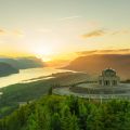 view from the sky of the vista house and columbia river gorge