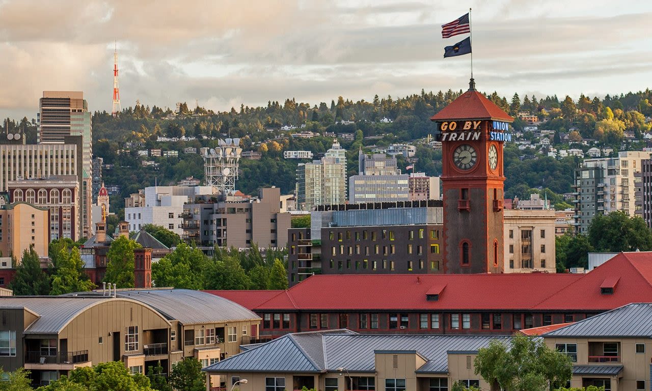 Union Station set against the backdrop of Portland's skyline