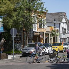 a man walking a bike across the street with a trailer with a dog attached, followed by a child on a bike, at a crosswalk with cars waiting