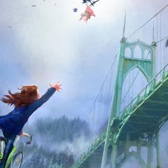 An illustration showing a child on a bike reaching for an infant as it is carried away by crows. The St. Johns bridge is visible in the background.