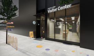 An artist's rendering of the exterior of the Portland Visitor Center.