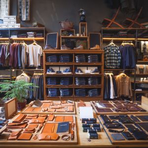 clothing and leather items on display in the Tanner Goods retail shop