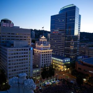 tall buildings at night in downtown Portland