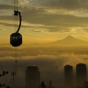 Portland Aerial Tram with Mt. Hood is visible in background horizon