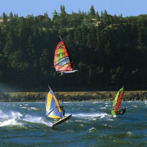 three people windsurfing, one airborne, cruise the river winds