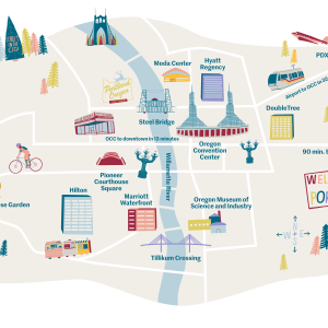 Illustrated map of Portland, Ore., that includes important points of interest such as the Moda Center, Oregon Convention Center and more.