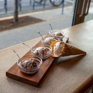 an ice cream sampler consisting of four small bowls and one sugar cone