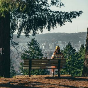 a person sits on a bench overlooking Portland at Mount Tabor Park