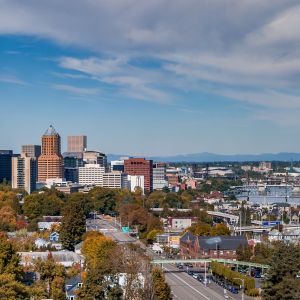 city view on early fall day, tree leaves are changes colors, and there is a light blue sky with passing clouds