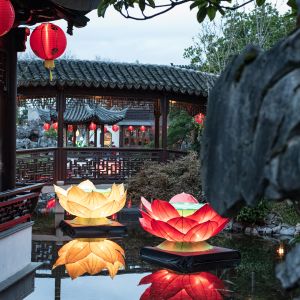 large lotus shaped lanterns sit in the water with people gazing over a koi pond in a traditional Chinese garden