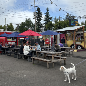 people eating at picnic tables by a row of food carts