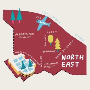 a colorful map of Northeast Portland highlighting prominent neighborhoods and landmarks