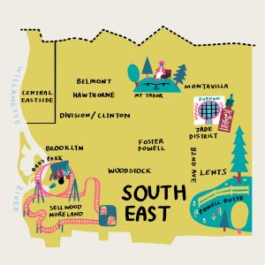 a colorful map of Southeast Portland highlighting prominent neighborhoods and landmarks