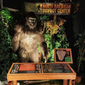 a life-size replica of bigfoot along side a foot print casting in front of a display with information about sightings at the North American Bigfoot Center