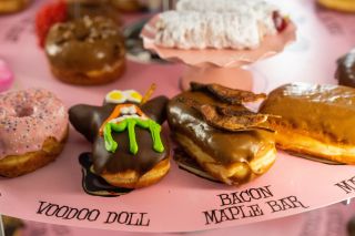 A colorful display of donuts.