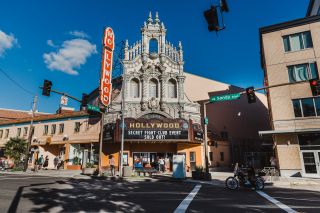 A historic movie theater with an ornate facade