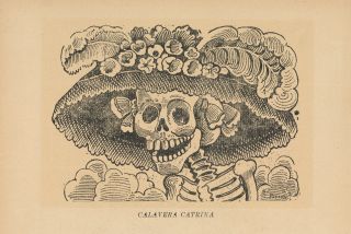 The original drawing for the Calavera Catrina, black ink on beige paper.