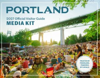 the cover of the "Portland 2027 Official Visitor Guide Media Kit" featuring an image of a large crowd on a lawn watching live music with a striking bridge in the background