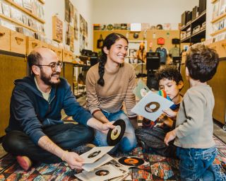a family looks through records