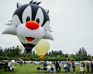 a sylvester the cat shaped hot air balloon sits against a grey sky