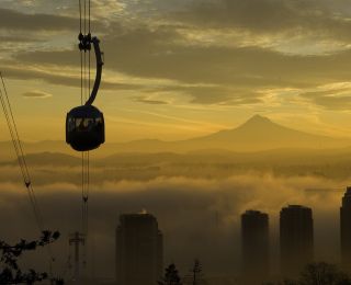 Portland Aerial Tram with Mt. Hood is visible in background horizon