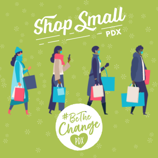 Promotional image for Shop Small PDX with illustration of 4 shoppers carrying shopping bags