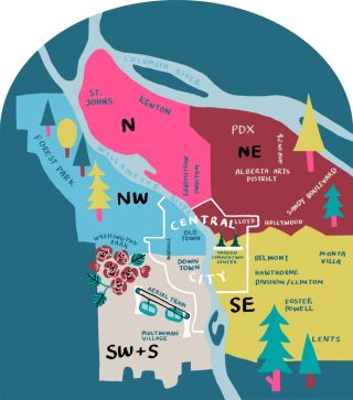 a colorful map of Portland highlighting its quadrants and prominent neighborhoods