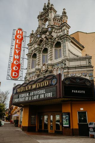 a marquee and hollywood neon sign