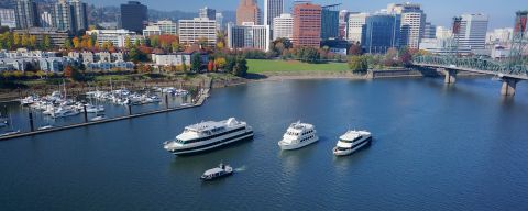 four cruise ships of varying sizes on the Willamette River