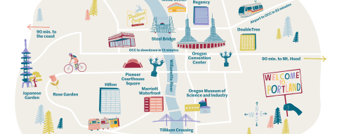 Illustrated map of Portland, Ore., that includes important points of interest such as the Moda Center, Oregon Convention Center and more.