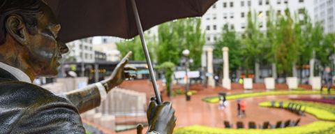 sculpture in brick plaza at Pioneer Courthouse Square