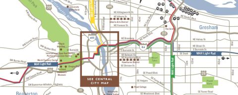 white map with light brown lines representing major roads of the greater Portland area