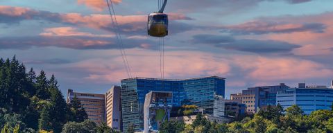 The cable car and tram that carry patients to OHSU hospital on \"The Hill\" in South Portland, Oregon.