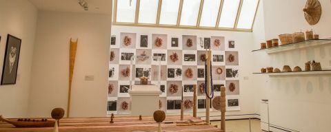 A room filled with artwork made by native artists.