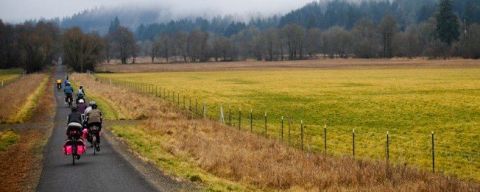 Cyclists riding towards trees beside a field on the Banks-Vernonia State Trail